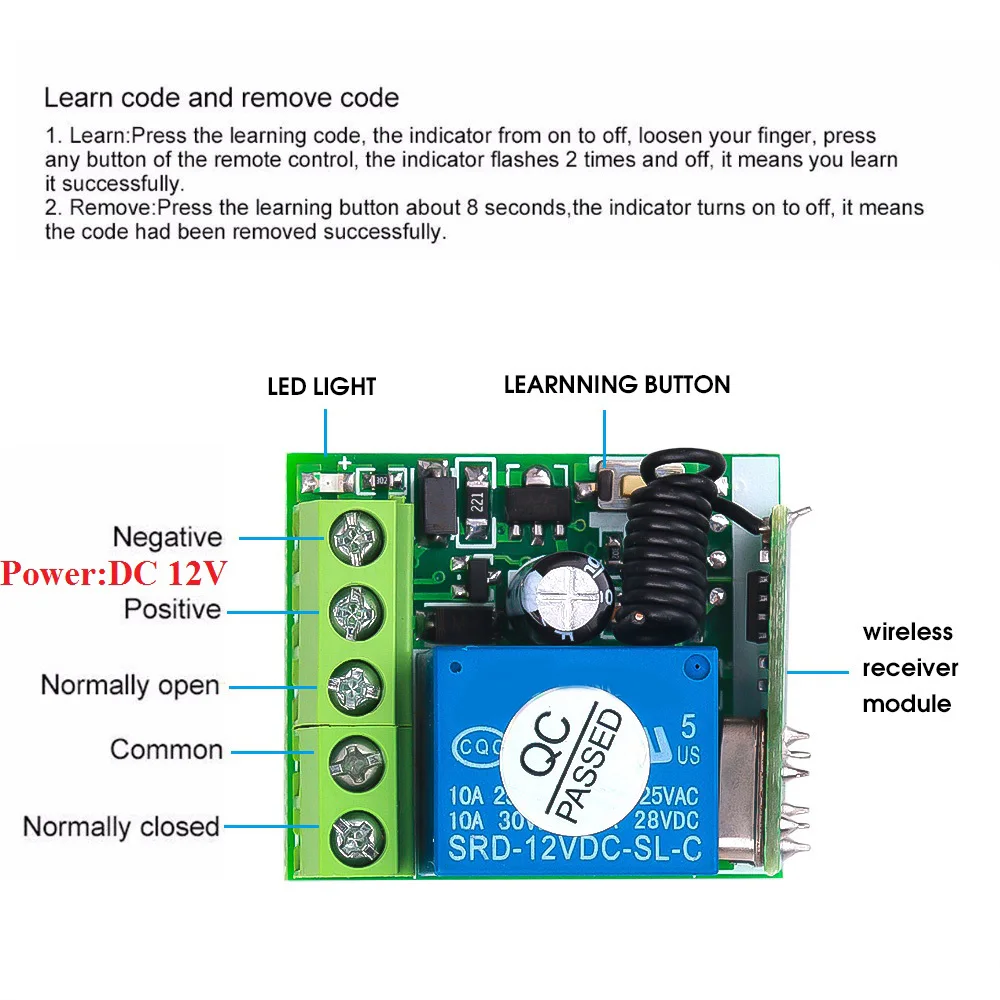 Interruptor De Controle Remoto Sem Fio Universal, DC 12V, 1CH, RF Relé Receptor, 433 MHz, Módulo De Botão Do Transmissor, Kit DIY