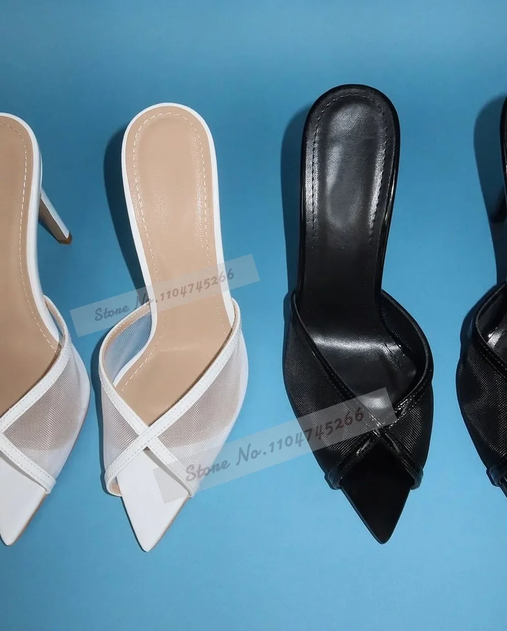 أبيض أسود الهواء شبكة عالية الكعب البغال خنجر الكعوب الانزلاق على النعال الحديثة عبر حزام أشار تو خارج فستان الصنادل