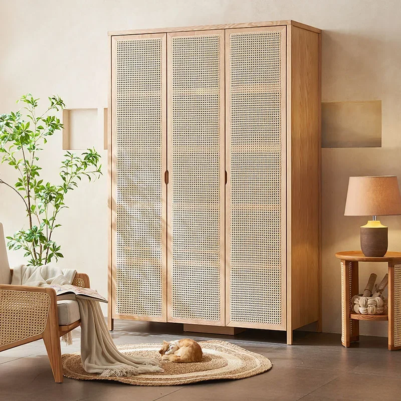 Multifunction Home Wardrobes Armoire Cabinet Storage Double Rattan Living Room Cabinets Clothes Wooden Bedroom Furniture