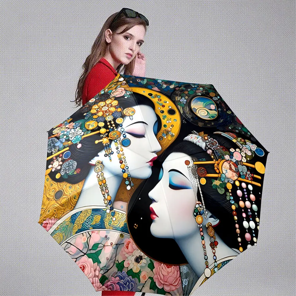Elegant Geisha Art with Floral and Gold Details on Umbrella portable waterproof sun rain umbrella for outdoor travel beach