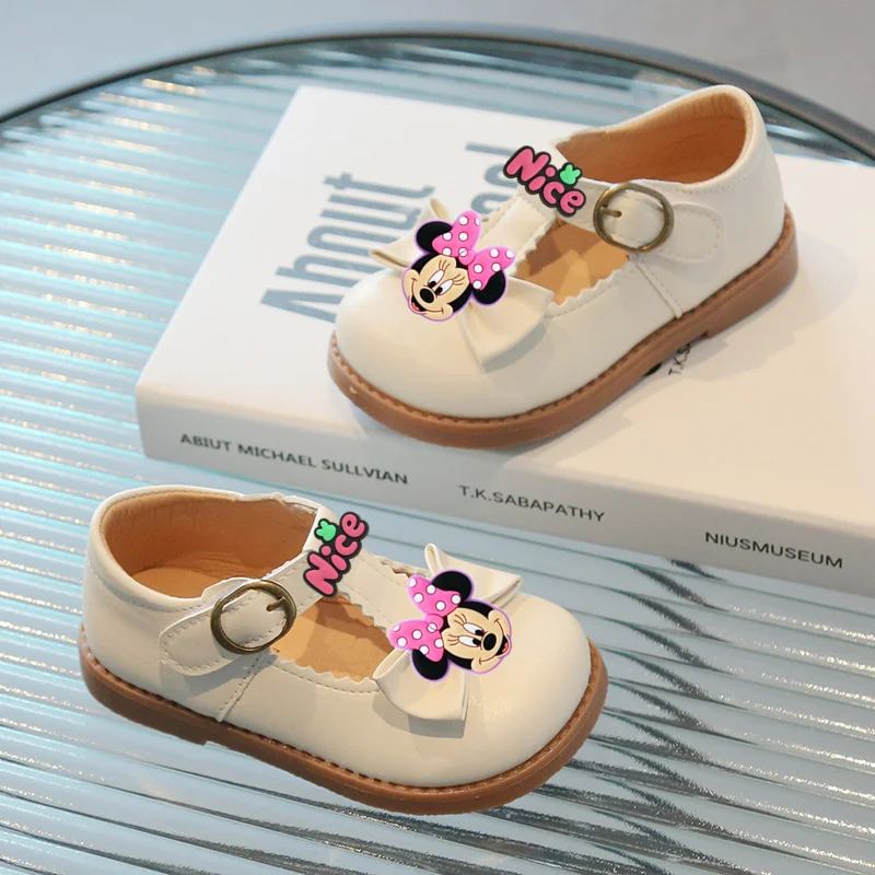 

Disney Mickey Mouse Cute Bow Leather Shoes Ballet Round Toe Low Heel Princess Sandals JK Party Performance Shoes first walkers
