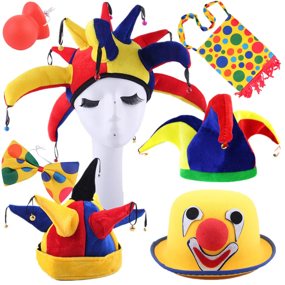 Clown Dress Up Props  Hat Tie Headwear Nose Mask Shoes Kids Adults Masquerade Christmas Halloween Costume Cosplay