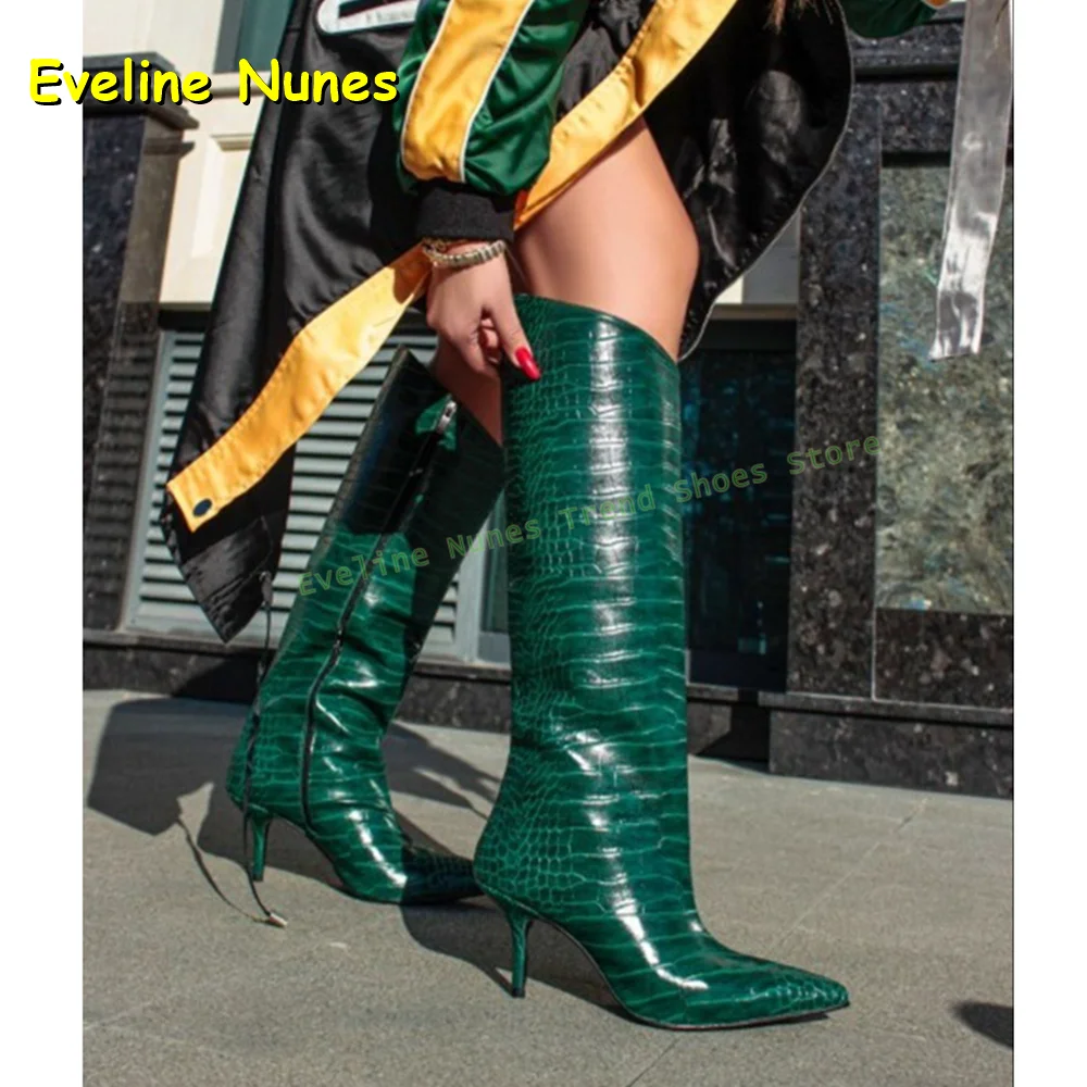 

Зеленые модные высокие сапоги с крокодиловым узором, женские сапоги до колена с острым носком на шпильке и боковой молнией в стиле пэчворк, уличная обувь для вечеринок
