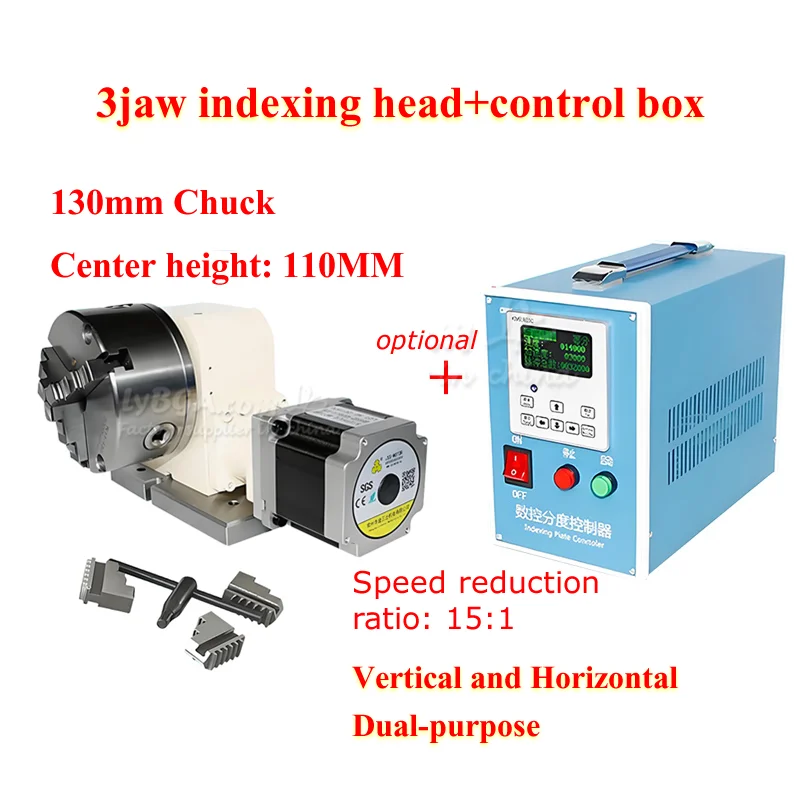 

Vertical and Horizontal Dual-purpose CNC Dividing Head TL110-15-130A CNC Rotary A-axis With Chuck 130mm 3-jaws For CNC Machines