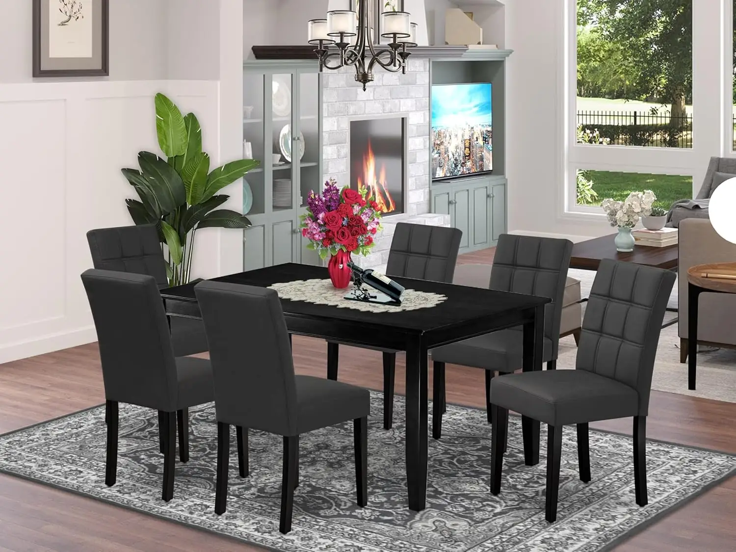 East West Furniture Duas7-Blk-12 Dudley 7 Piece Dining Set Includes A Kitchen Table And 6 Dark Gray Faux Leather Wooden Chairs