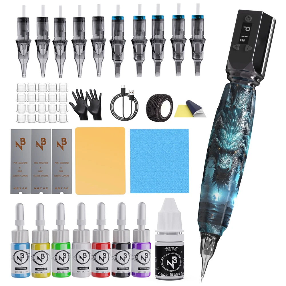

Tattoo gun kit, complete tattoo gun set, including 10 tattoo cartridge needles and 7 colors of tattoo ink, suitable for tattoo beginners and tattoo artists