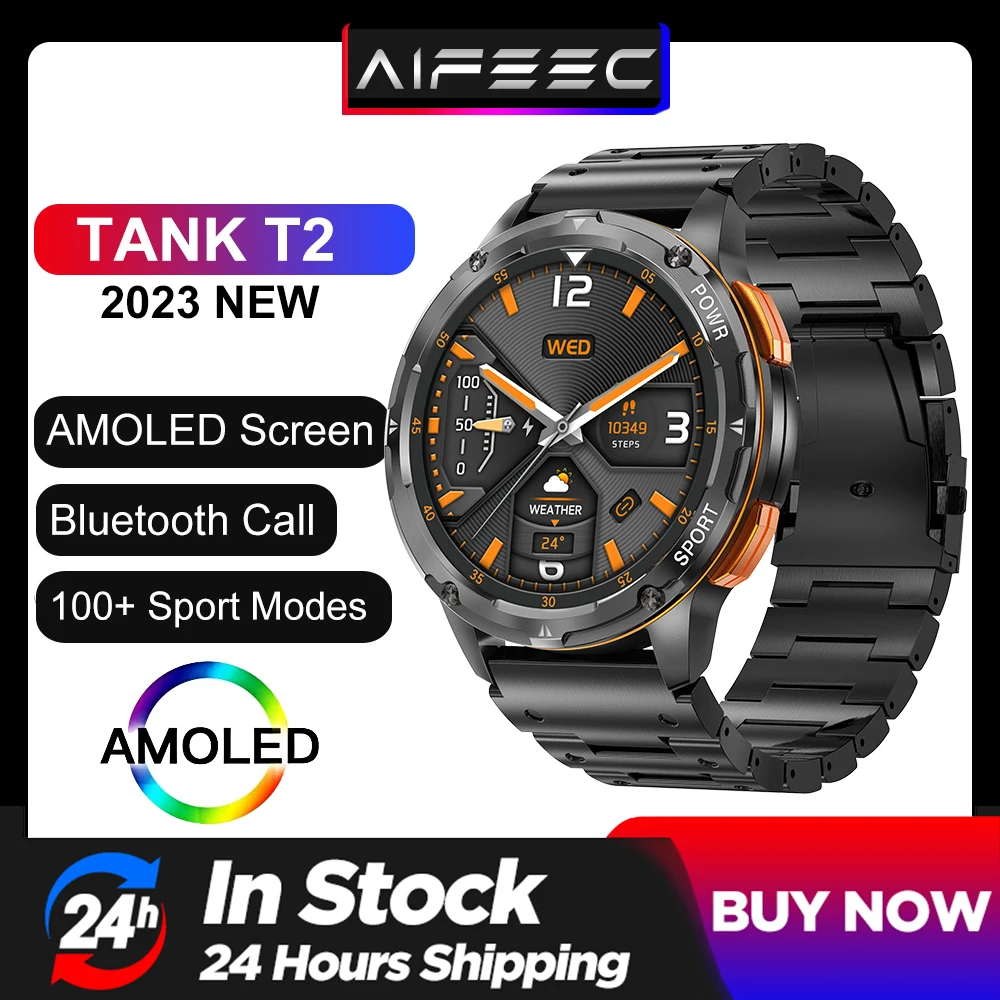 Tanque T2 Ultra AMOLED Smartwatch Militar para Homens e Mulheres, Bluetooth Call, IP68 Impermeável, Esportes Fitness Tracker Relógios