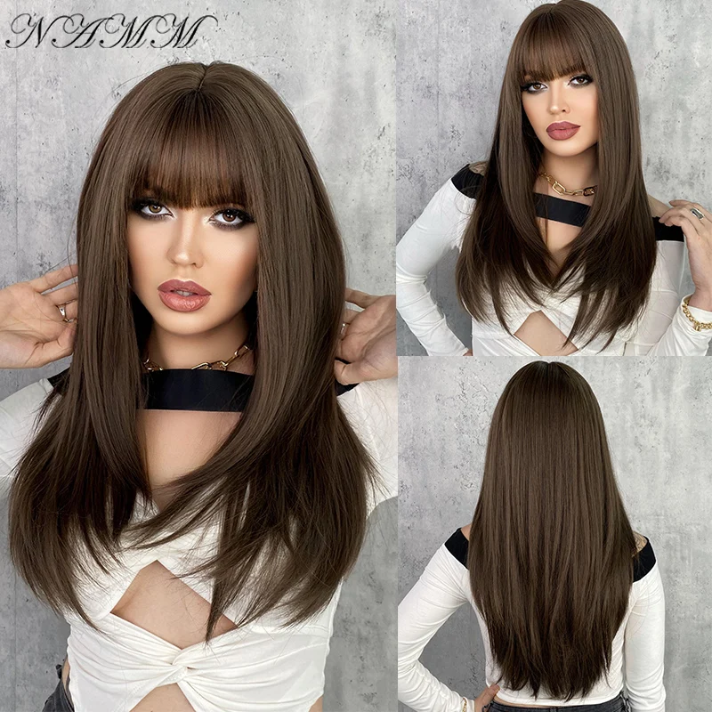 NAMM Natural Black Flaxen Pink Coklat Muda Warna Sintetis Panjang Lurus Wig untuk Wanita Cosplay Wig Tahan Panas dengan Poni