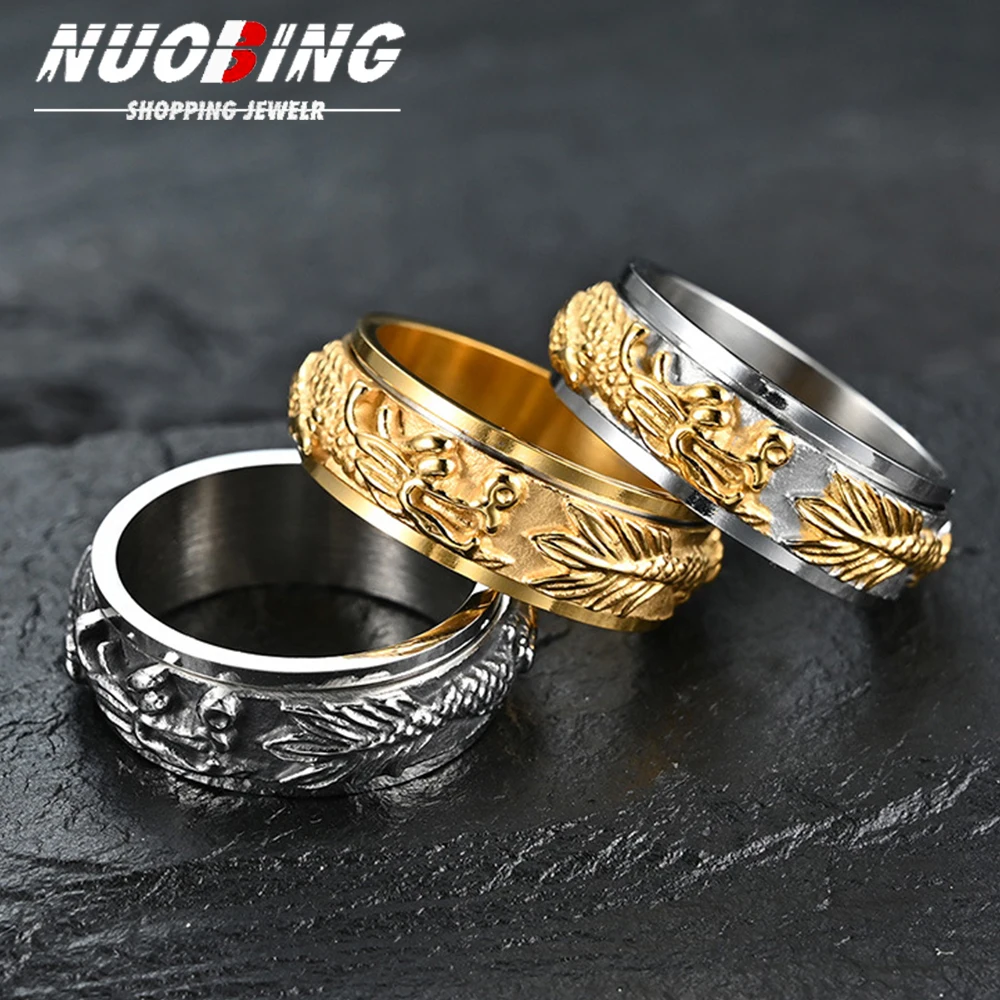 8MM Dragon Gothic Punk Style Pterosaur Wings Stainless Steel Rings for Men Women Vintage Jewelry Accessories Gifts Rotatable