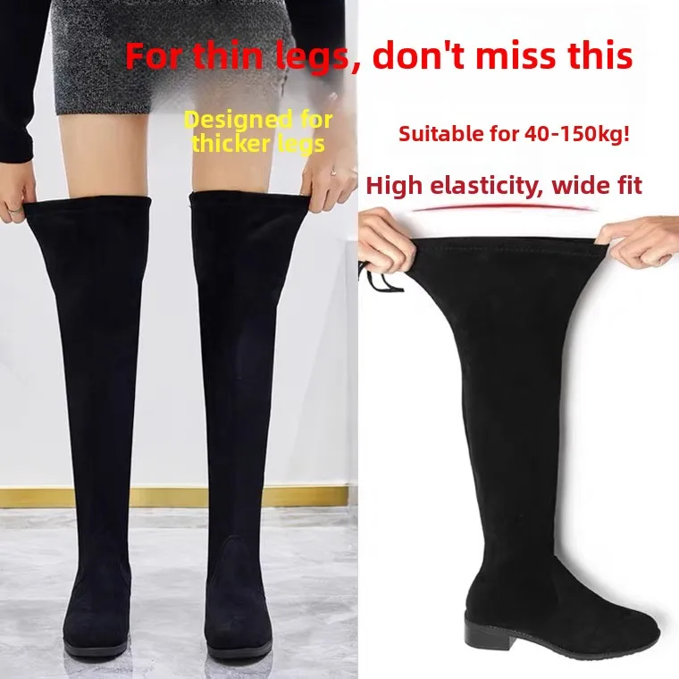 أحذية طويلة مرنة للنساء مقاس كبير، أحذية طويلة نحيفة للشتاء، دافئة بمقدمة مستديرة ونعل مسطح من المطاط