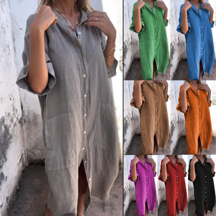 

2026 Women's Cotton and Lines Shirt Dress Loose Button Pocket Large Size Half Sleeve Solid Color Casual Long Skirt