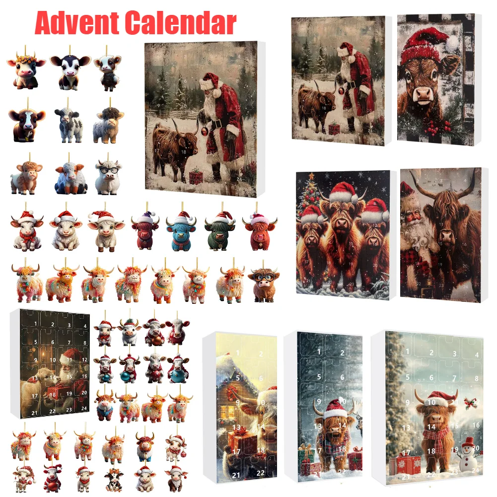 

Highland Cow Christmas Advent Calendar 2024 2D Acrylic Pendants 24 days Christmas Tree Ornaments Decor Gift Countdown Calendar