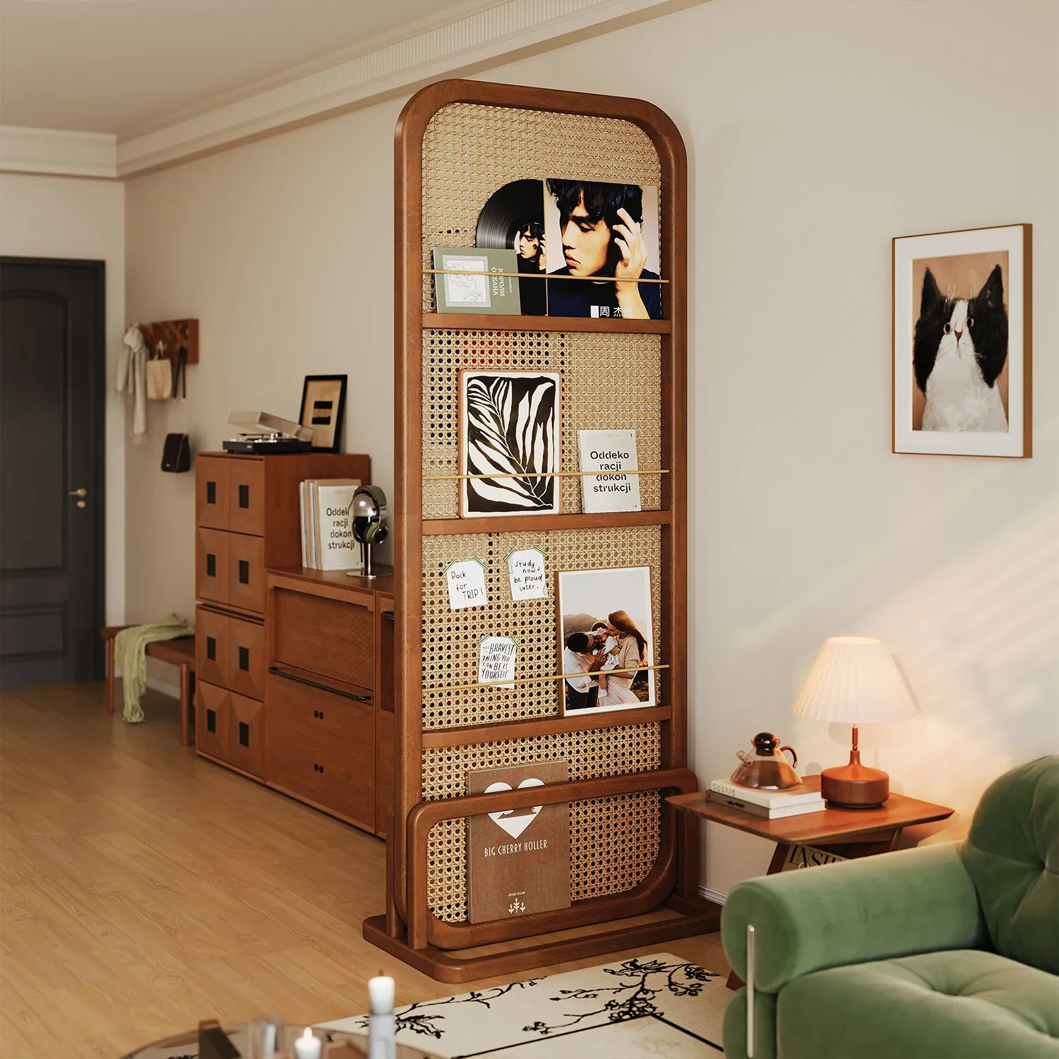 Selected Vintage Style Solid Wood Screen Living Room Rattan Partition Entrance Hallway Shelf