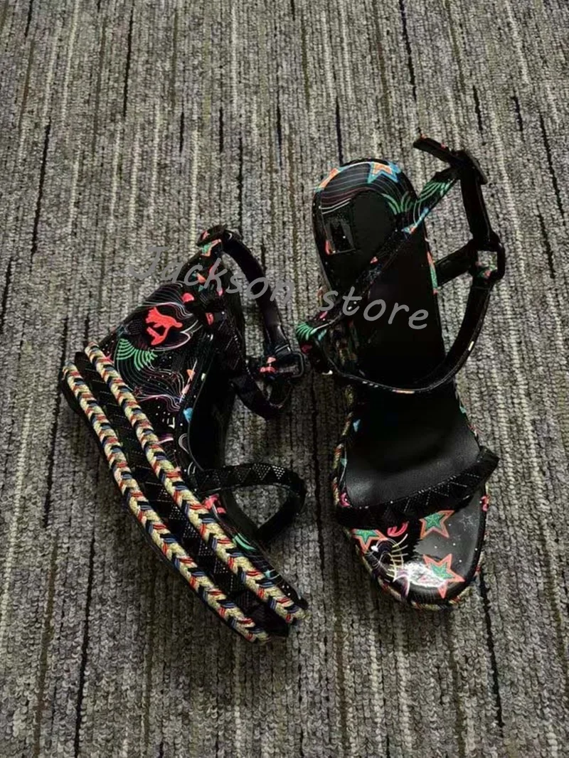 

Black Women's Printed Wedge Thick Sole Sandals Platform Summer Super High Heels Sexy Dress Shoes Ankle Buckle Braided Shoes