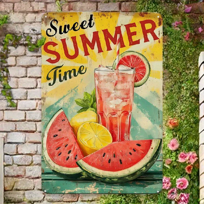 2D Flat Sweet Summertime Watermelon Lemonade Metal Tin Sign - Retro Wall Decor with Vibrant Watercolor Design, 8*12 Inch, Perfec