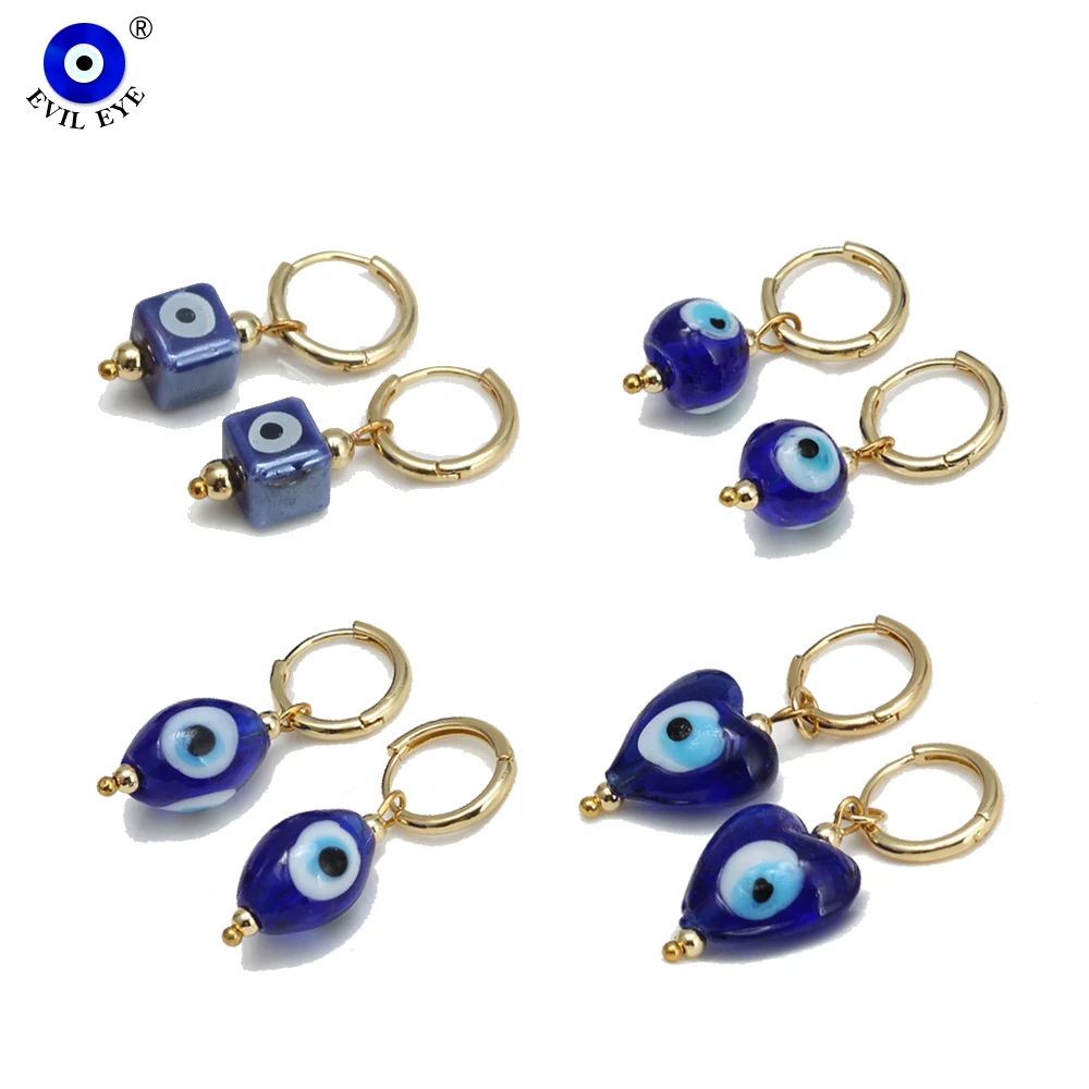 EVIL EYE Blue ตุรกีชั่วร้ายลูกปัดหัวใจต่างหูรูปหยดน้ำทองแดงวงกลมสีทอง Dangle ต่างหูผู้หญิงหญิงสาวผู้ชาย BE1002