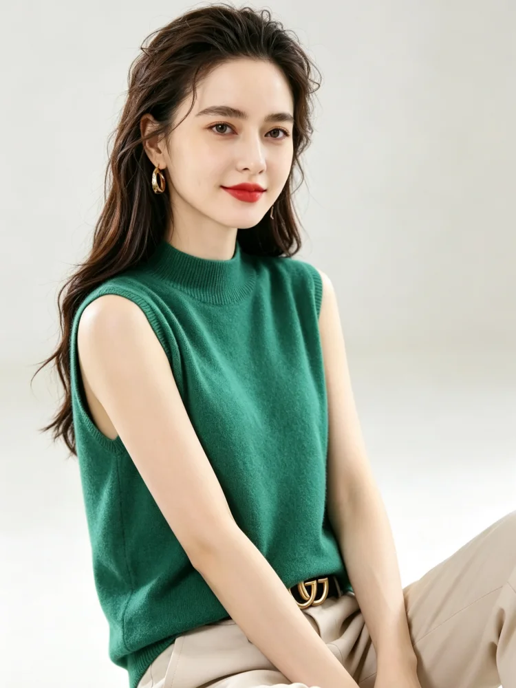 Women 100% Merino Wool Knitted Sleeveless Vests Mock Neck Cashmere Sweater Pullover Grace Basic Spring Autumn Female Clothes Top