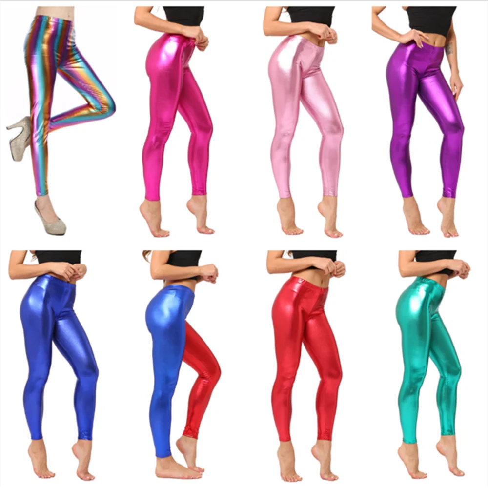 女性用メタリックラテックスレギンス,ミディアムサイズ,キャンディーカラー,足首丈,ブラック/ゴールド