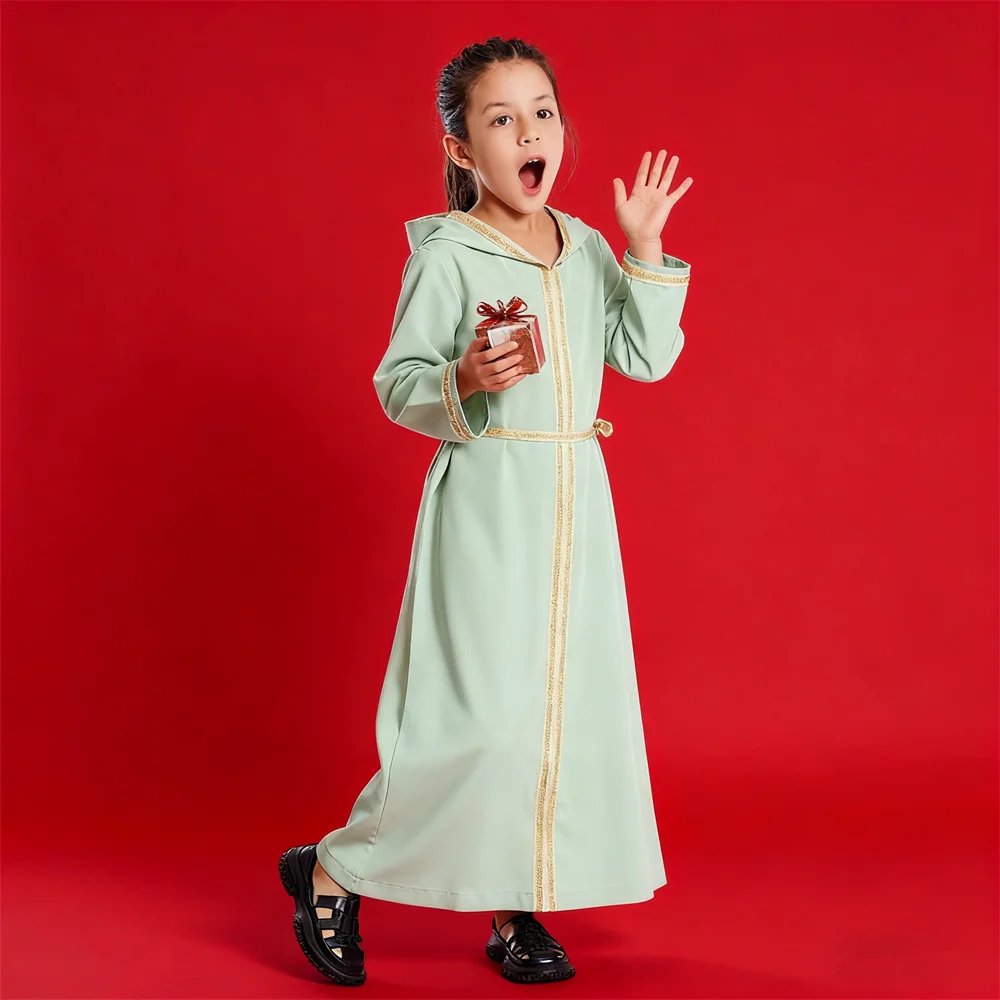 

Мусульманское детское платье Абая с капюшоном Ид Джеллаба Рамадан Детское платье для девочек Марокканский кафтан Исламская одежда Арабский халат Дубай Турция Абая Халат