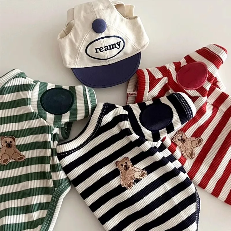 Summer Pet Shirt Cute Striped Dog Clothes Bear Print Puppy Bottoming Shirt Breathable Cat Pullovers Pet Sweatshirts Dog Apparel