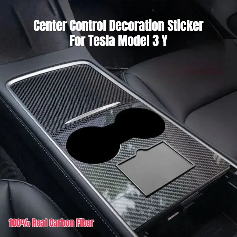 Center Control Sticker for Tesla Model 3 Y 100% Real Carbon Fiber Armrest Panel Trim Cover Sticker Decoration Car Accessories