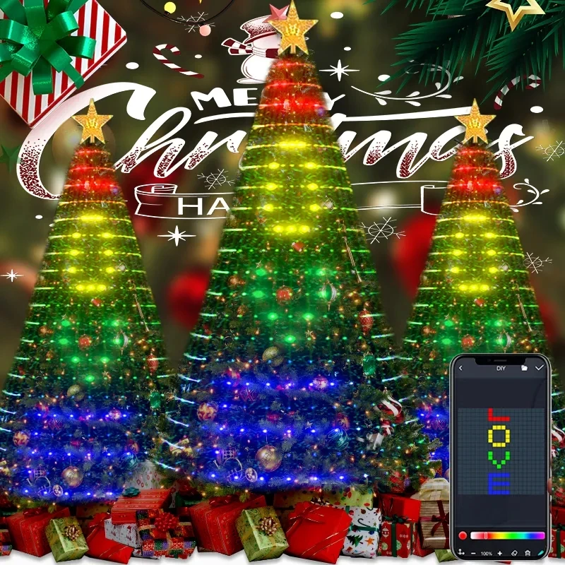 Imagem -03 - Rgb Árvore de Natal Toppers Luzes Led Fairy String Luzes Bluetooth App Multicolor Cachoeira Lâmpadas Faça Você Mesmo Decoração Home Yard