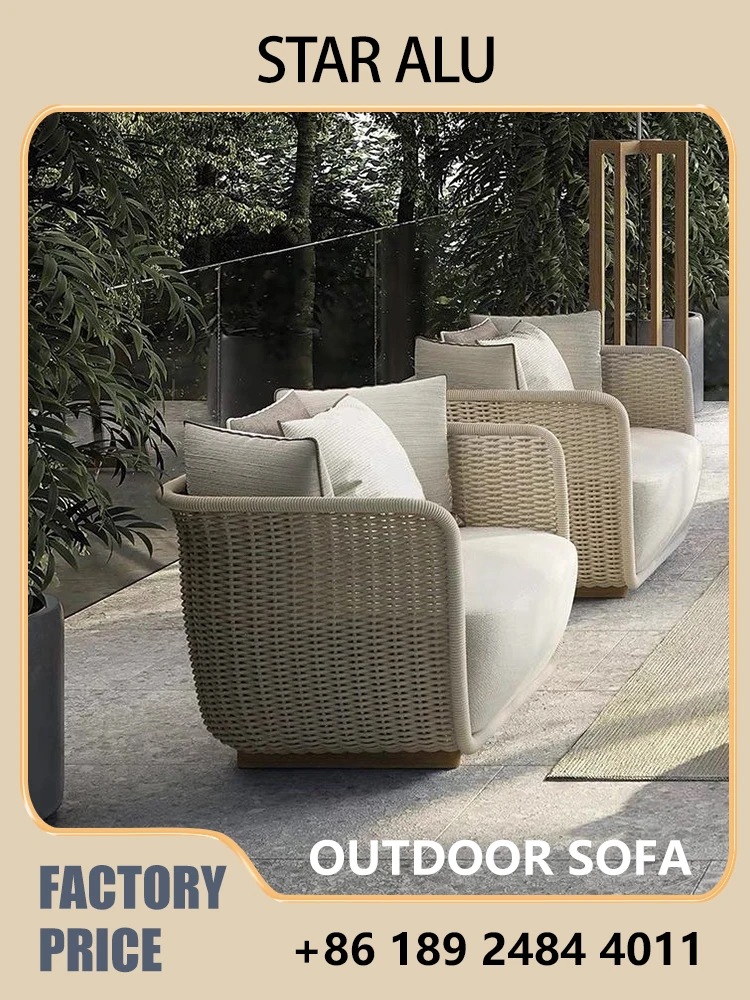 Modern rattan outdoor sofa set, suitable for balconies, three-piece bohemian-style rattan casual sofa set with soft cushions