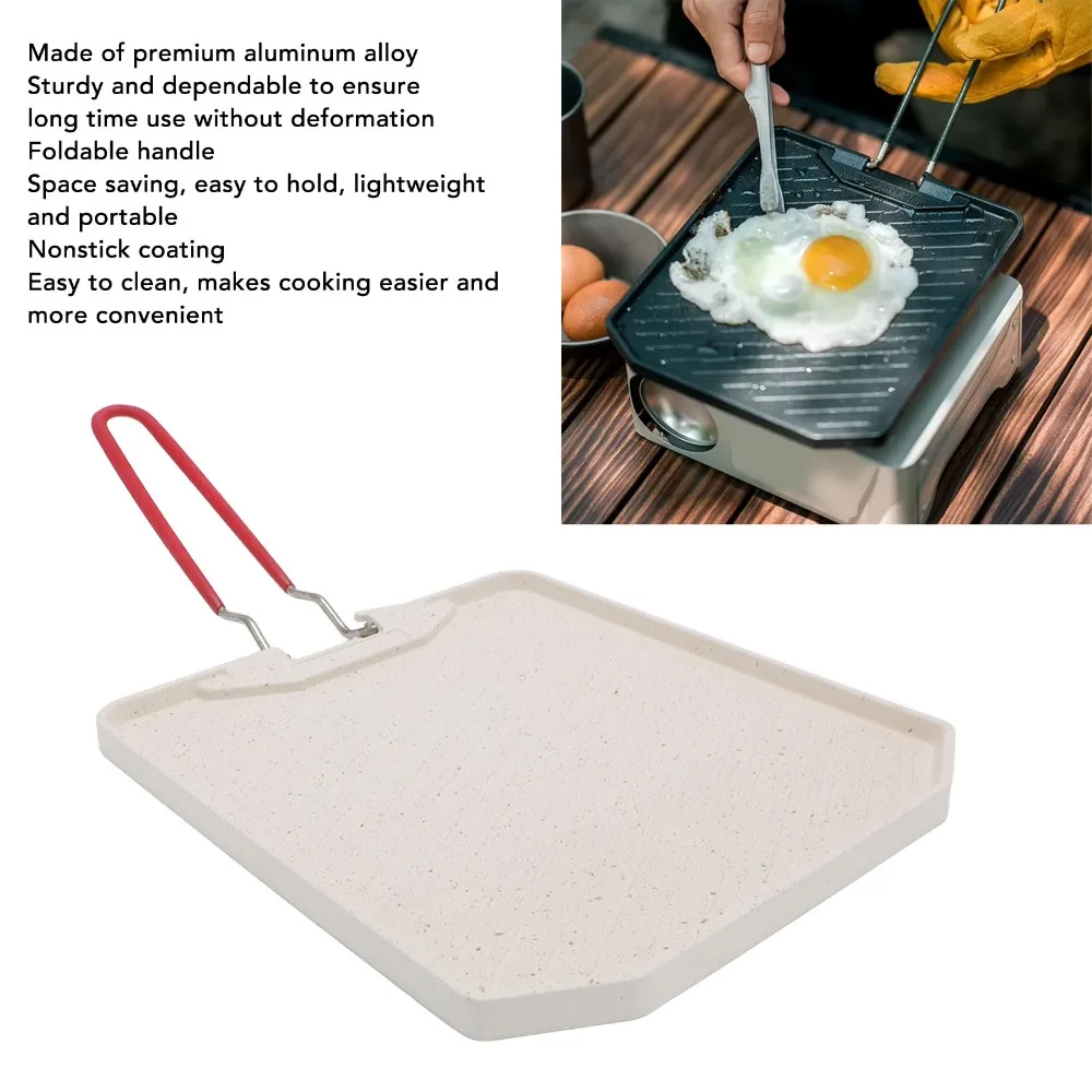 Reusable Aluminum Alloy Grill Pan Nonstick Foldable Handle Griddle Plate White Ridged Surface Frying Pan Camping Cooking