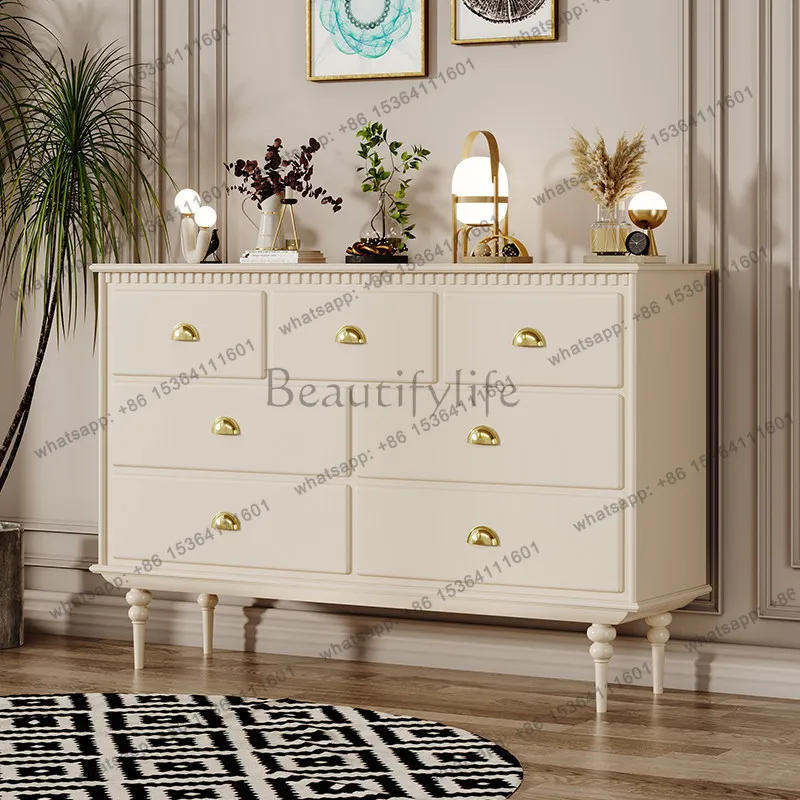 French Cream Wind Seven Bucket Cabinet Bedroom Simple Modern Light Luxury Bed End Solid Wood Storage Storage Cabinet
