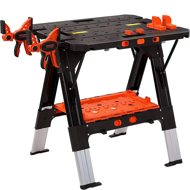 Portable Folding Work Table, 2-in-1 as Sawhorse & Workbench, Multifunctional woodworking workbench load capacity 454kg