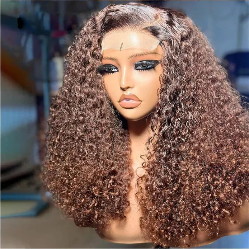 

Супермягкий парик с двойной текстурой, кудрявый, коричневый, с кружевной передней частью, синтетический, предварительно выщипанный, волна Яки, длинный, 26 дюймов, плотность 180%