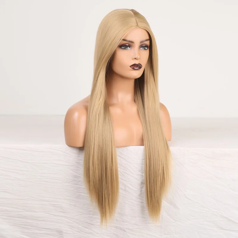 AIMEYA Synthetic No Lace Wig Ash Blonde Wig Middle Part Long Straight Hair Heat Resistant Fiber Hair Cosplay Wigs for Women