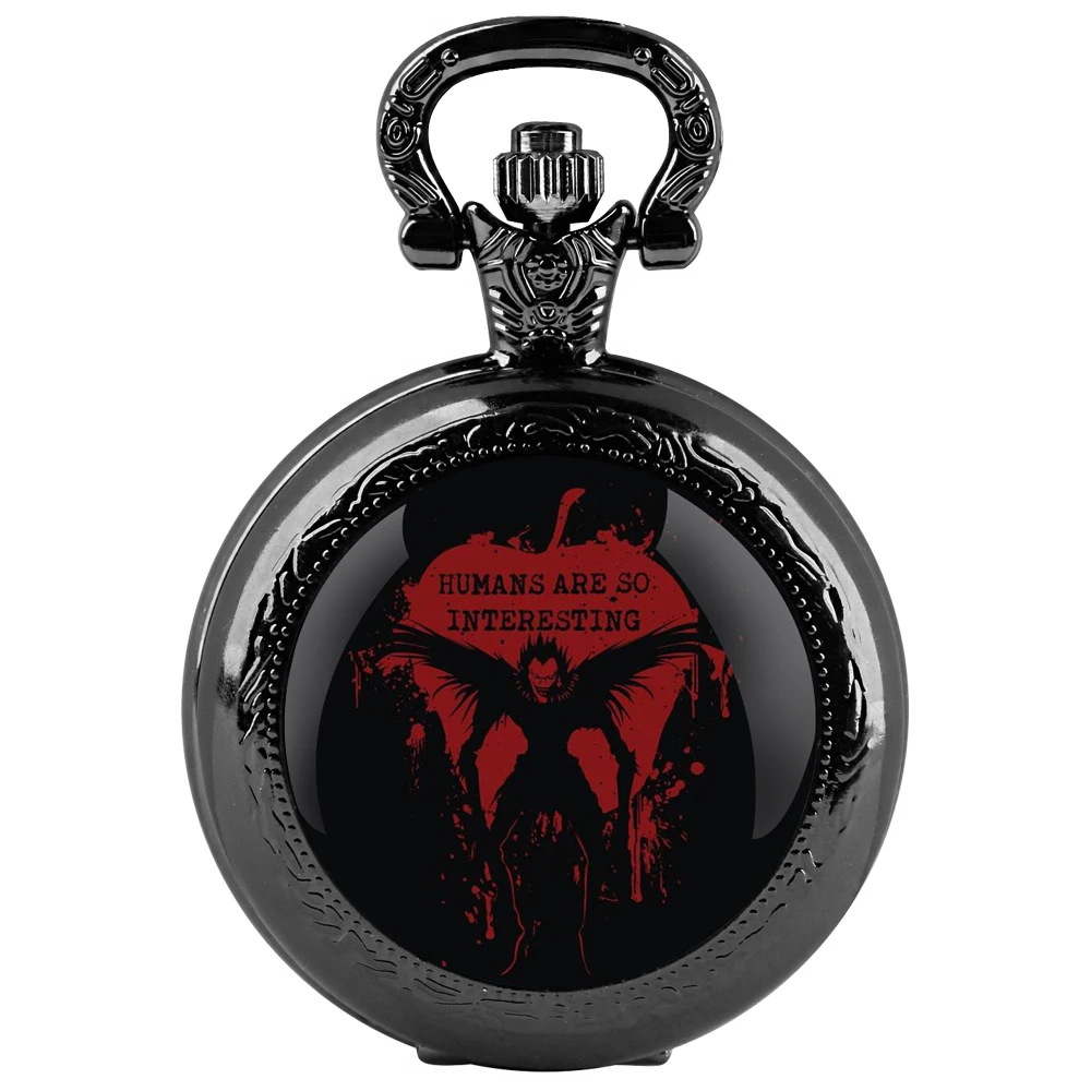 Orologio da tasca al quarzo nero con cupola in vetro Death Note con quadrante con numeri arabi e catena resistente, regalo retrò per uomini e donne