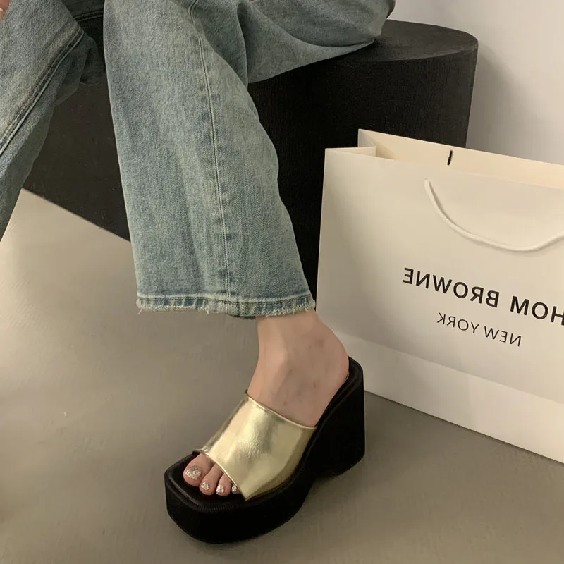 11cm Chunky Heeled Sandals 5cm Platform Wedges Gold Slippers Womens Casual Block High Heels Summer Shoes Black Sandalias Mujer