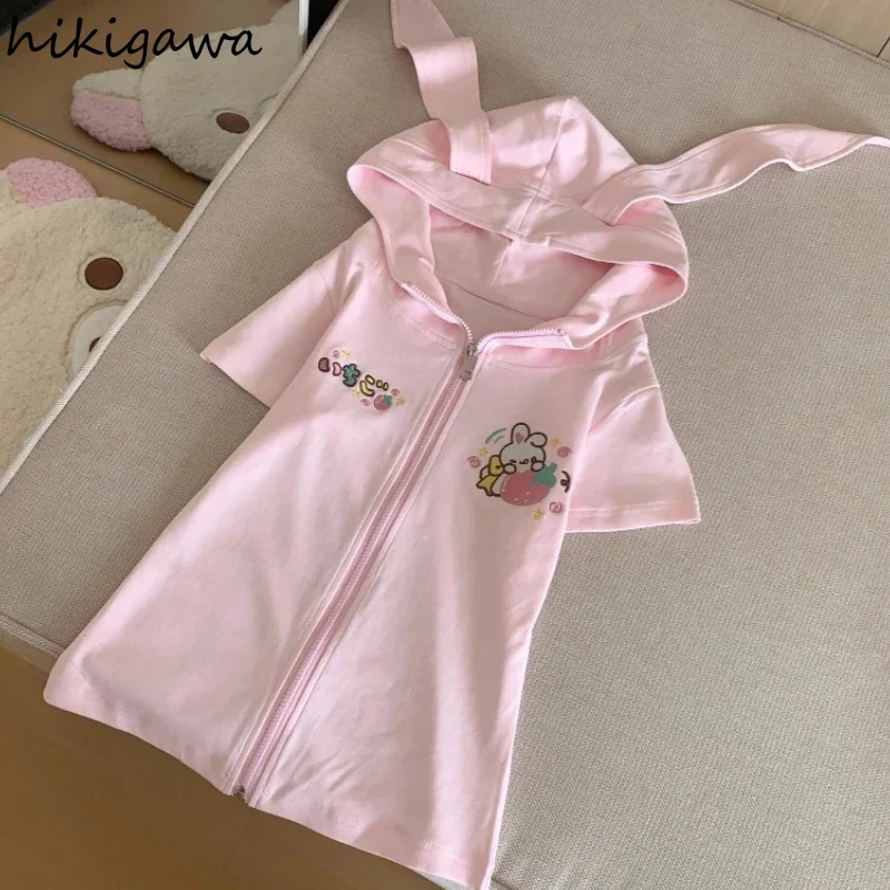 Rabbit Ears Hooded Jackets for Women 2025 Ropa Mujer Preppy Style Summer Y2k Tops Short Sleeve Zipper Cartoon Print Cute Coats