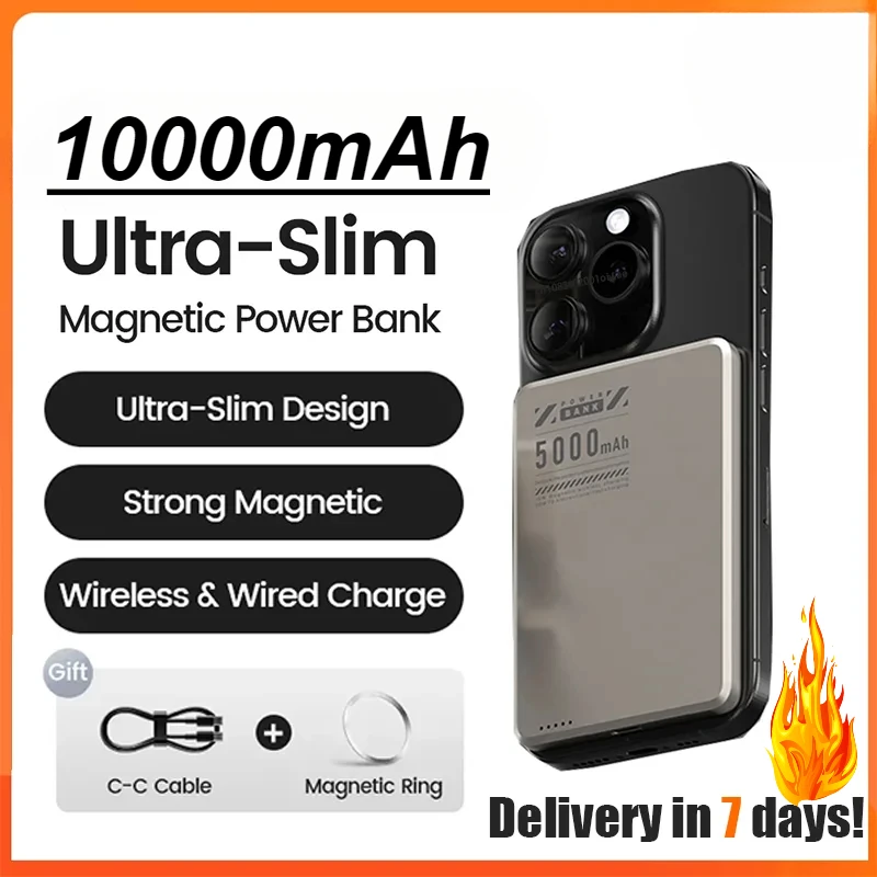 10000mAh Magnetic Power Bank Slim Wireless Powerbank Portable External Battery for Magsafe for iPhone 16 15 Samsung