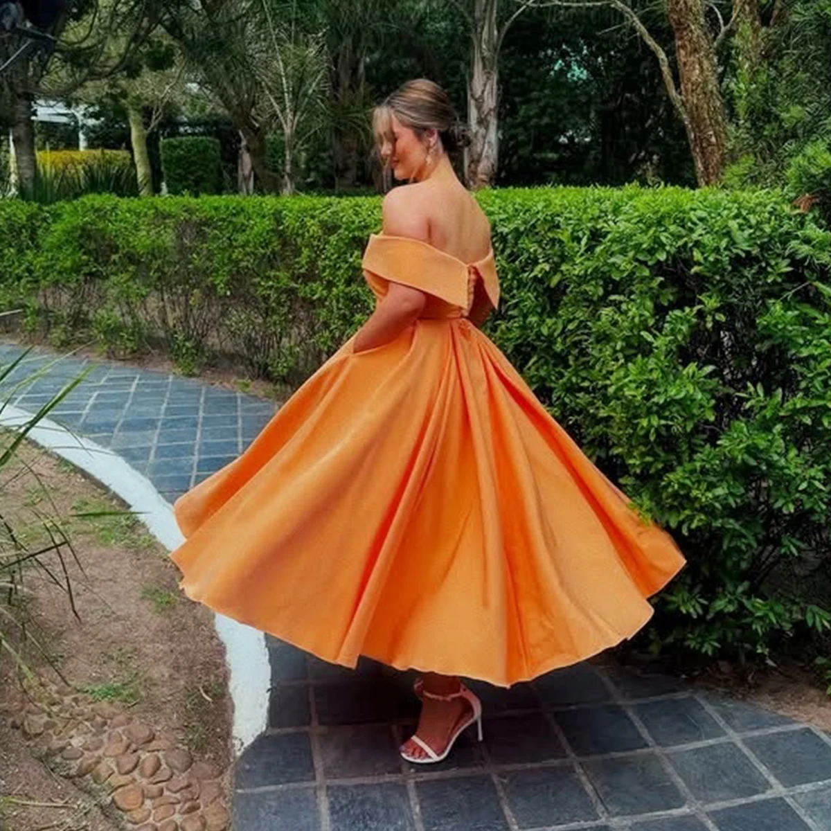 

Gorgeous Orange Off The Shoulder Prom Dress Satin A Line Lace Up Back Evening Gowns Ankle Length Women Cocktail Party Dress