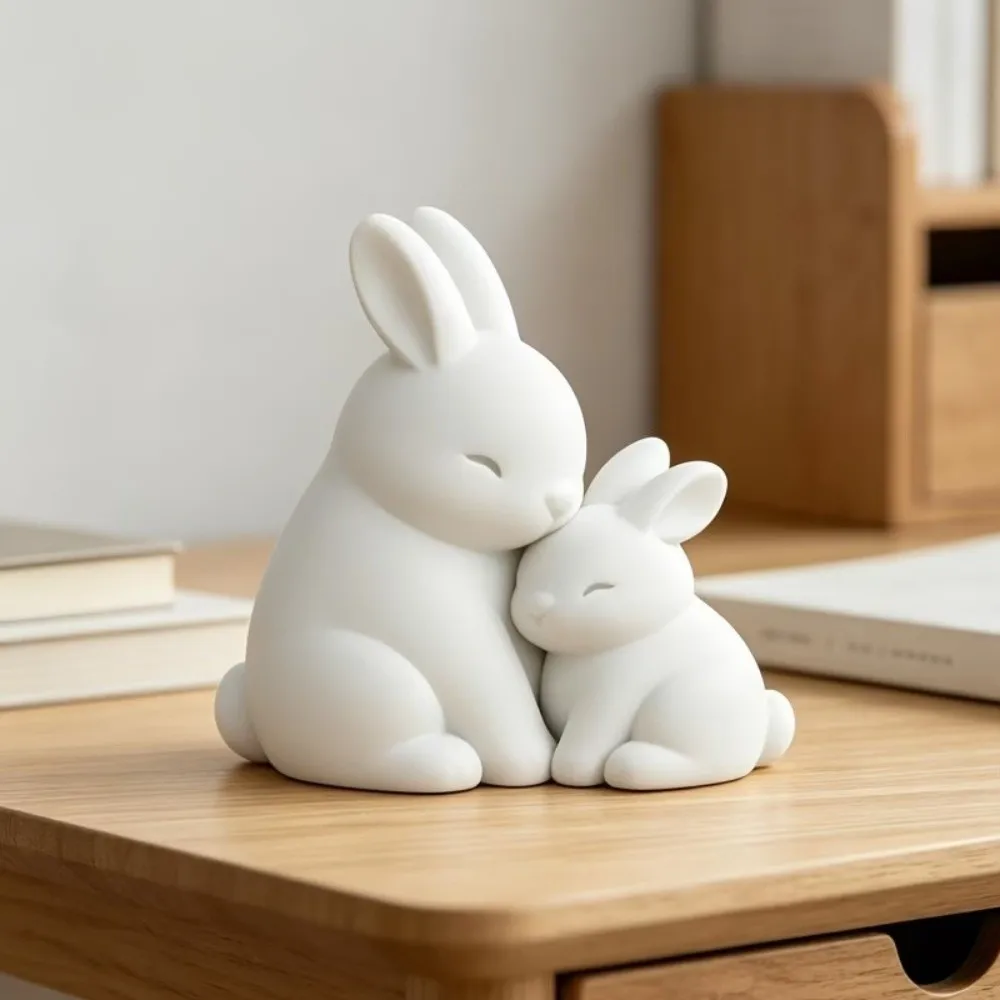 3D Printed Hugging Rabbits Ornament Fade-Resistant Artistic Cuddling Bunny Statue White Plastic Minimalist Animal Statue