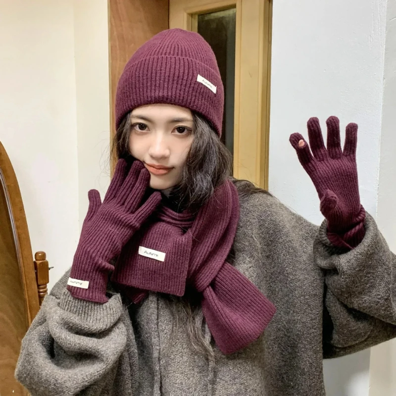 

Вязаный зимний шарф, женская однотонная шапка, шарф, перчатки, теплый женский шарф для взрослых, комплект шапки, комплект из трех предметов, модный сенсорный экран