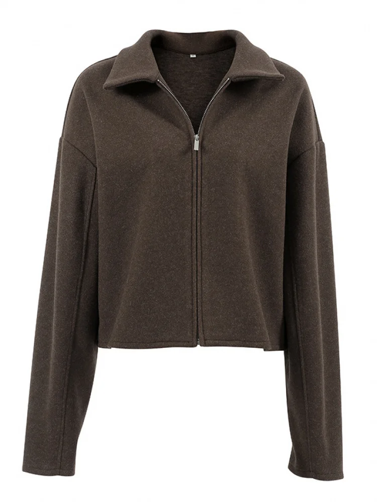 

Autumn Winter Loose Casual Long Sve Notch Collar Zipper Woolen Coat Faionable Loose Women's Jaet Comfortable Fit