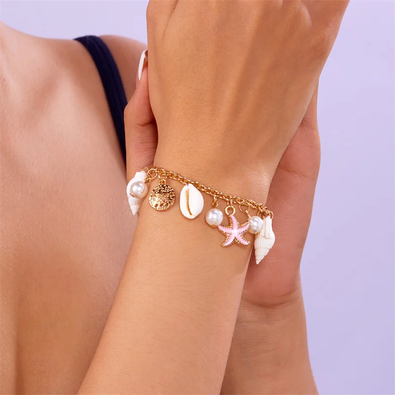 Summer Beach Trendy Pearl Shell Starfish Charm Bracelet for Women Gold Color Link Chain Bracelets Vacation Jewelry Accessories