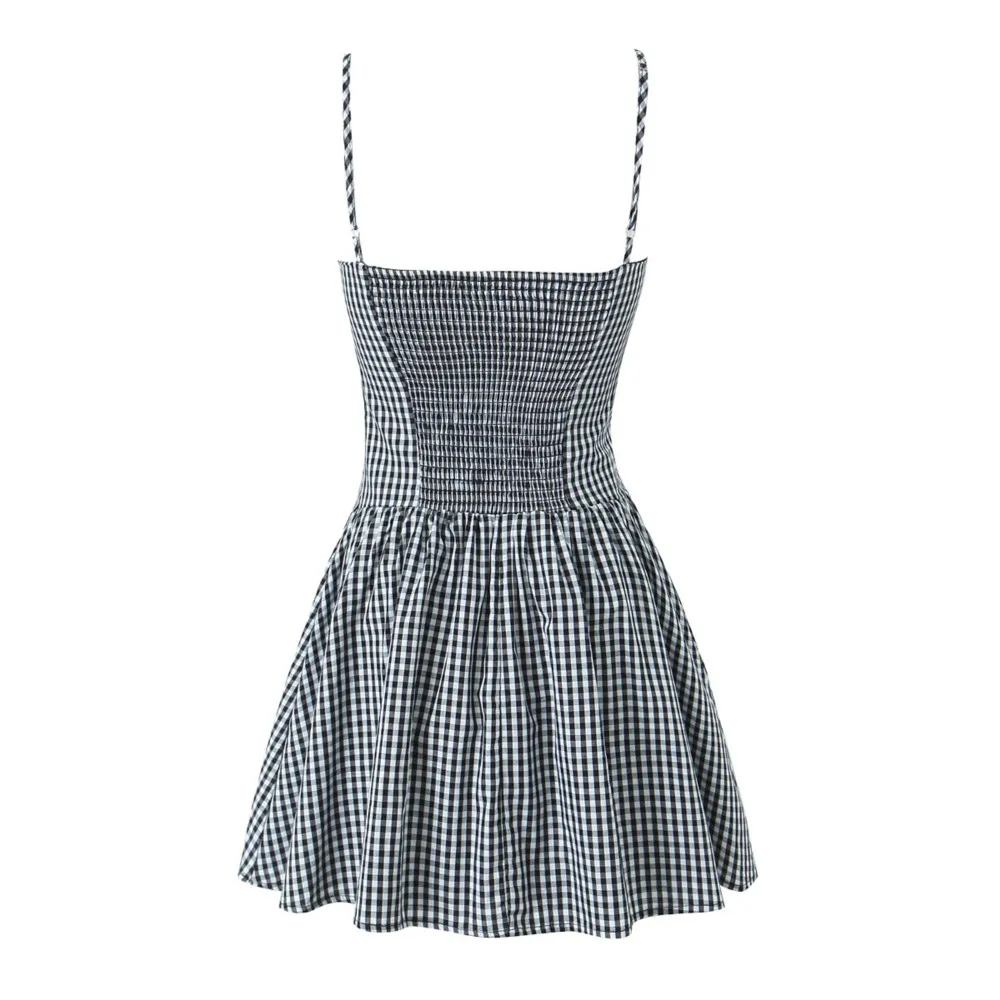 2025 Sexy Gingham Plaid Spliced Lace O neck Mini Sling Dress Women Open Through Buttons Low Waist Swing A line one-piece Dresses
