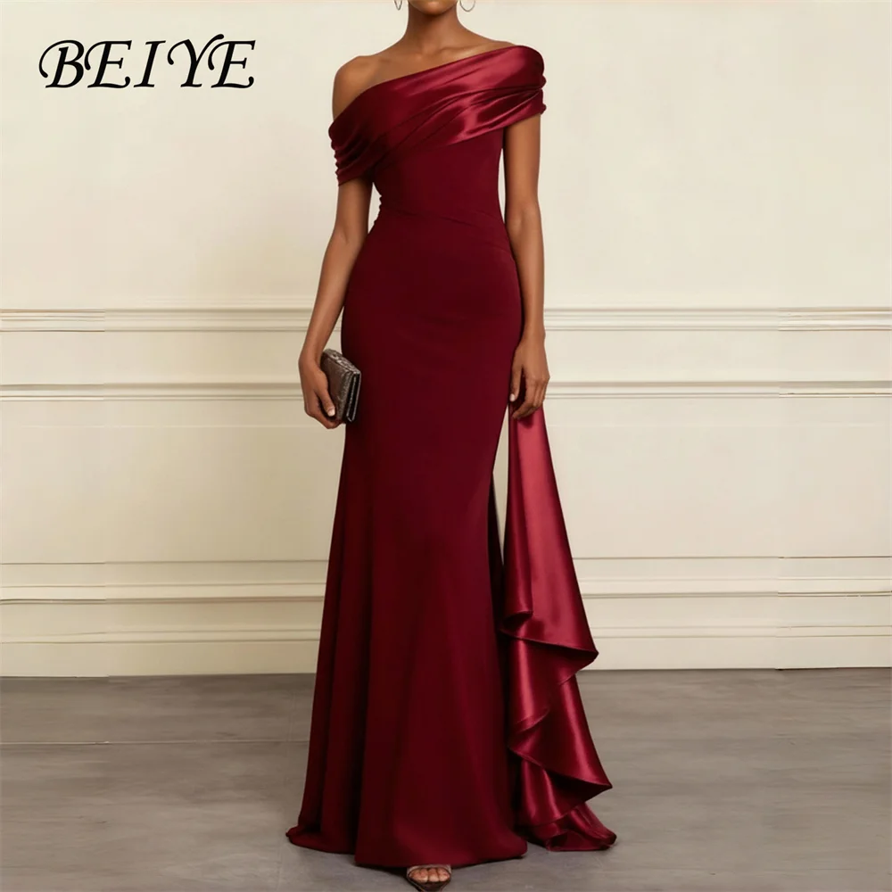 

BEIYE Modern Burgundy Off The Shoulder Mermaid Evening Dress Women 2026 Satin Strapless Pleat Party Gown Customized فساتين سهرة