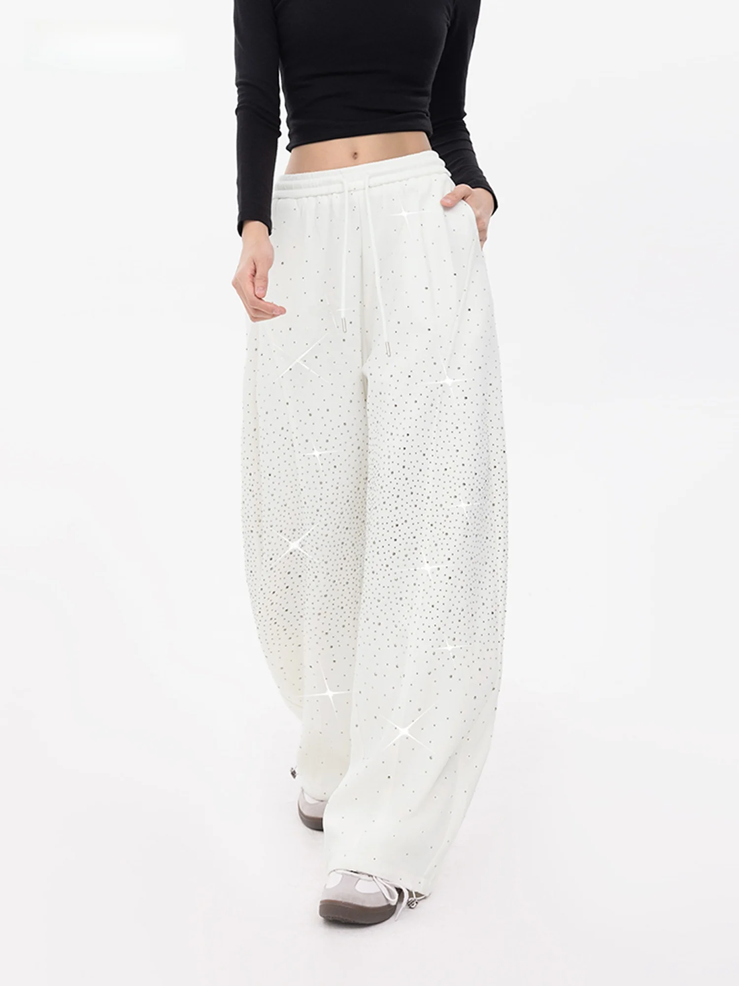 

EDX High Waist Casual Pants White Knife Versatile Loose Fit Street Style Knitted Cotton Blend Ladies Trousers