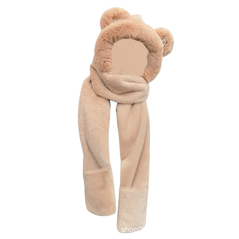 Lovely Winter Warm Thicked Bear Ears Hat Plush Scarf Gloves Caps Cycling Warmth Accessories Casual Simple Women Hats E1794