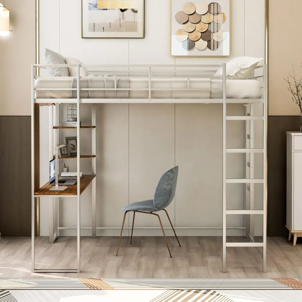 new Harper & Bright Designs Full Size Metal Loft Bed with Desk and Shelves, for Kids Teens Adults (Silver)