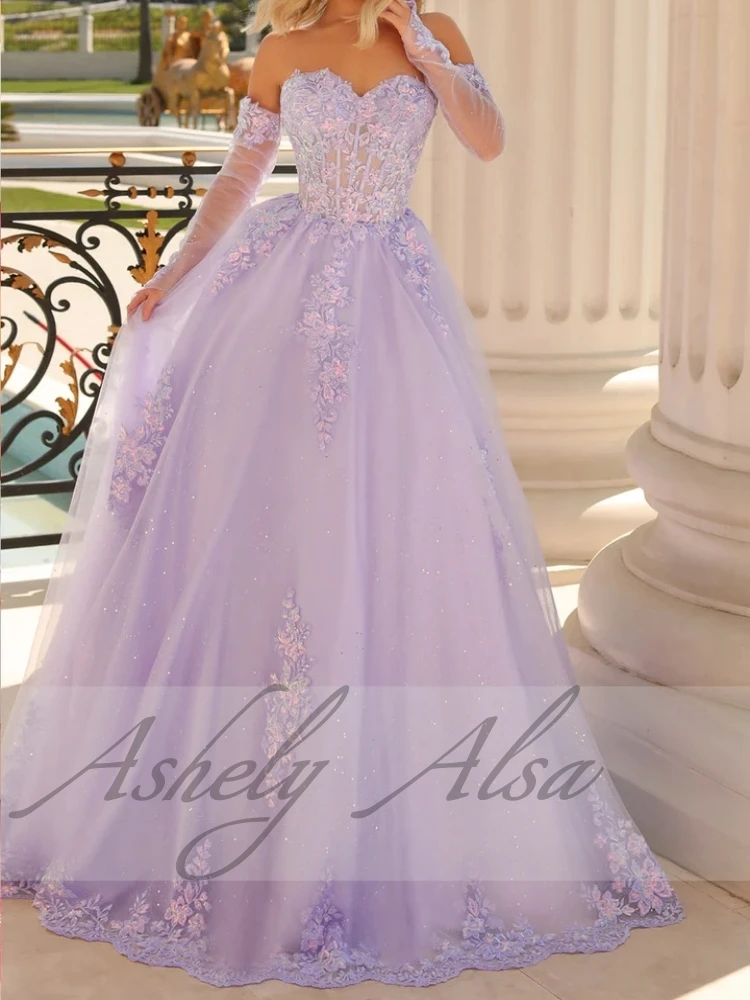 Customized Lilac Sweet 15 Prom Dresses Lace Applique A Line Long Women Formal Evening Dress Wedding Party Gown vestidos de gala