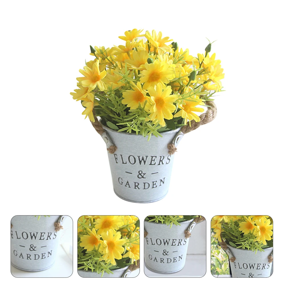 

1pc Lifelike Daisy Bonsai Decor Emulated Iron Bucket Potted Plant For Room Office Home Decor Adorable False Bonsai Gift