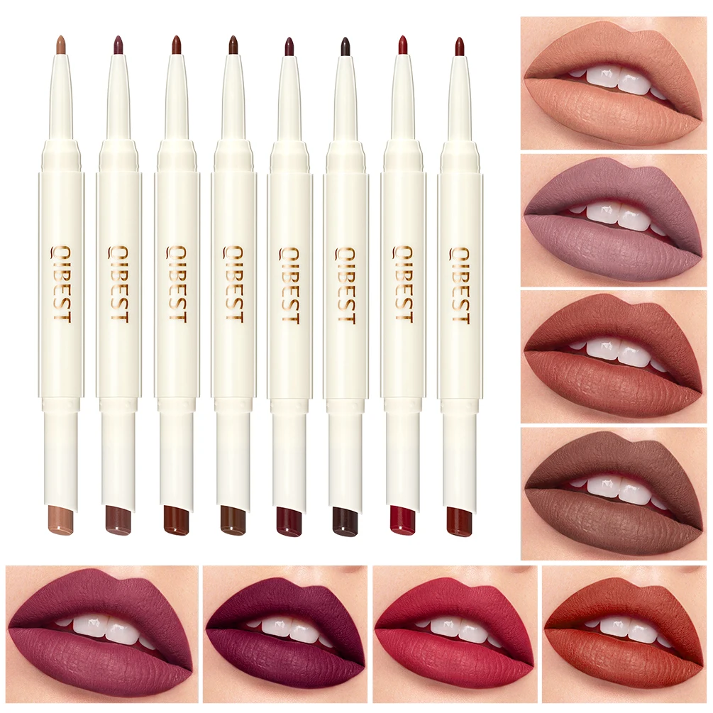 QIBEST-Lápis impermeável Matte Lipstick, Sexy Red Lip Liner, Lipliner de longa duração, Nude Lipstick Pen, Lábios Maquiagem Cosméticos, 2 em 1