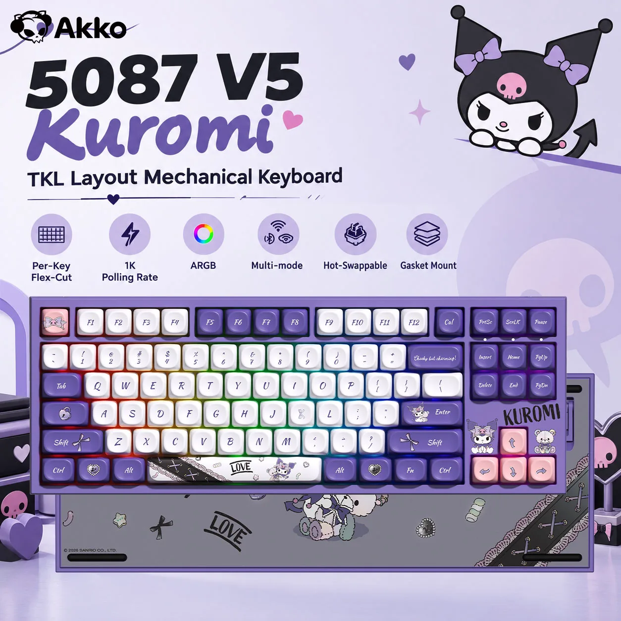 Akko 5087 V5 メカニカルキーボード、クロミデザイン、80% TKLレイアウト、ARGB、キーごとにフレキシブルカット、ホットスワップ対応、1Kワイヤレスゲーミングキーボード、ガスケット式